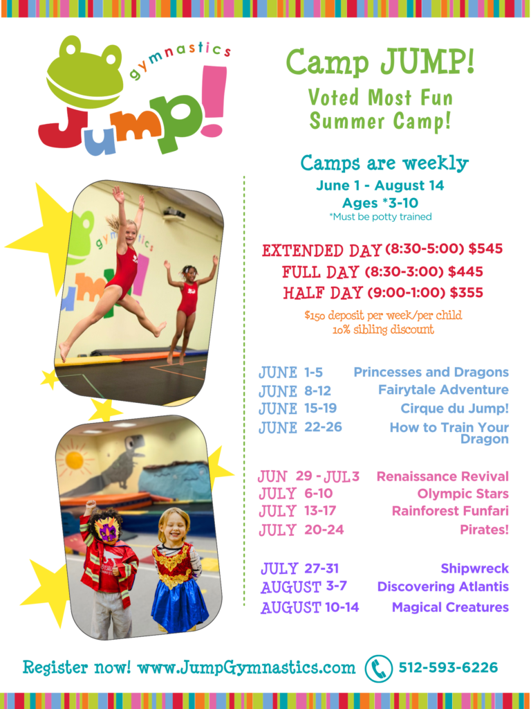 Informational flyer listing summer camp themes, prices and dates